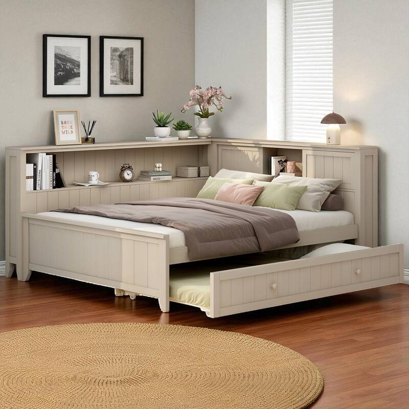 Full Size Wood Daybed with Storage Shelves, Sliding Door Cabinet and Twin Trundle in Antique White Milk