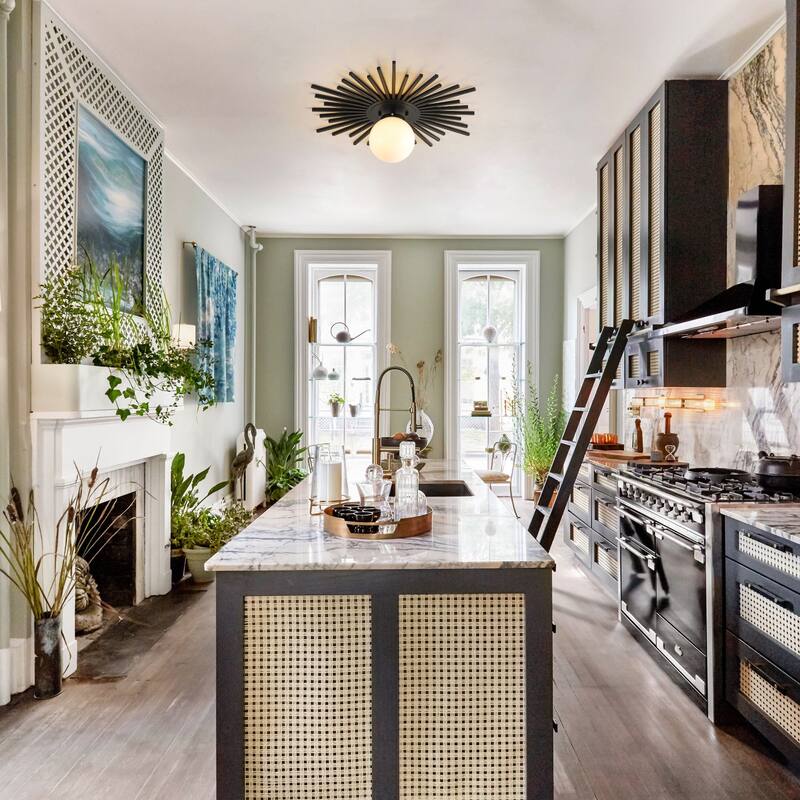 23.6" 1-Light Mid-Century Modern Luxury Raidant Sunburst Gold/Black Semi-Flush Mount Ceiling Light with Opal Glass Globe Shade