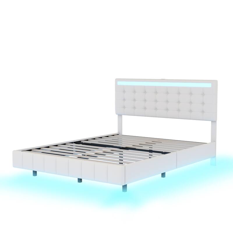 Floating Bed Frame with LED Lights and USB Charging,Modern Upholstered