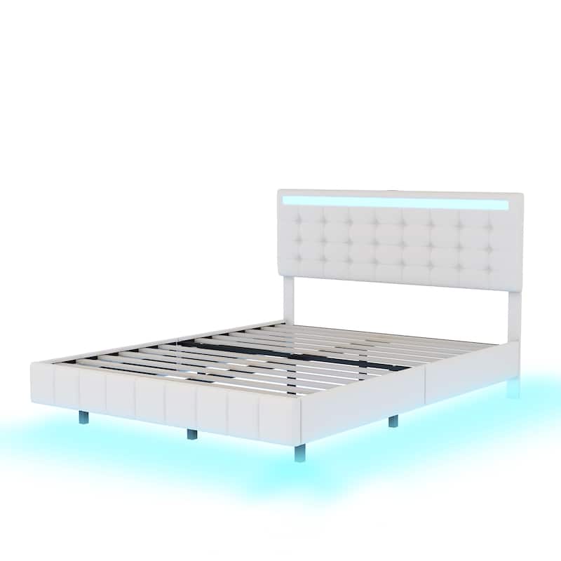 Queen Size Floating Bed Frame with LED Lights and USB Charging,Modern