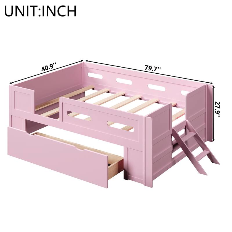 Kids Low Loft Bed with Stairs, Large Drawer and Guardrail, Semi-Enclosed Fence Platform Toddler Bed, Wooden Storage Daybed