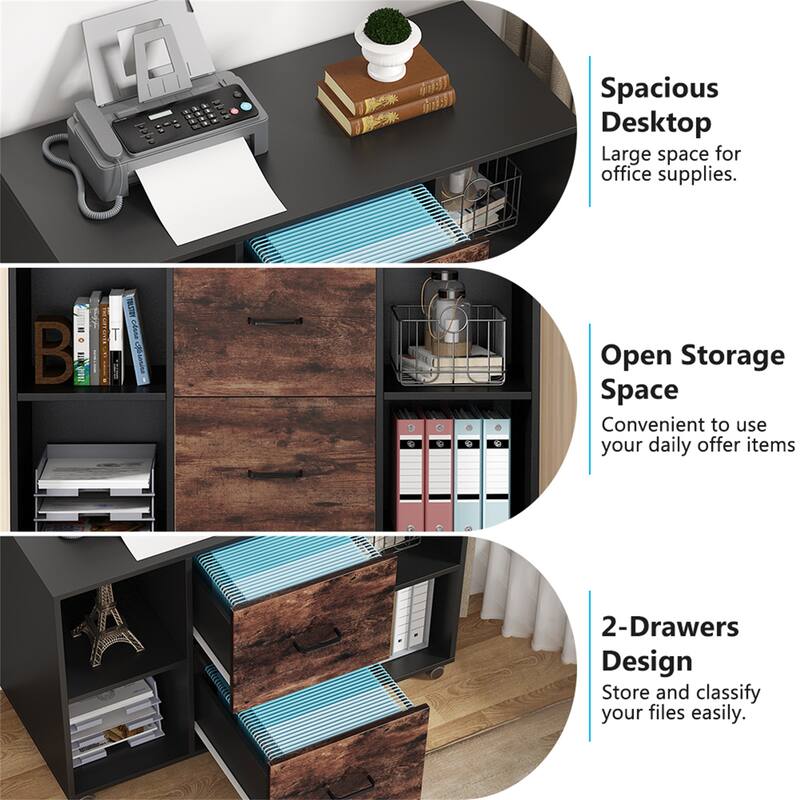 Wood File Cabinet with 2 Drawers and 4 Open Shelves Office Storage Cabinet