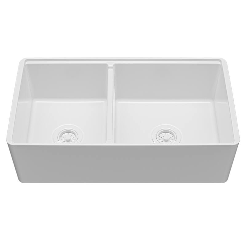 Karran 33" Double Bowl Workstation Fireclay Kitchen Sink with Reversible Fluted Apron Front