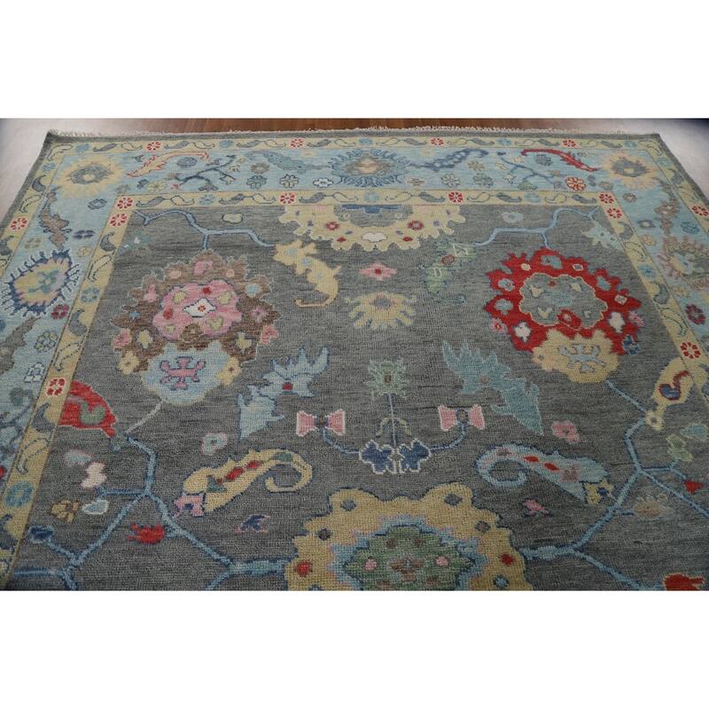 Gray Floral Oushak Oriental Area Rug Hand-Knotted Wool Carpet - 9'0"x 11'9"
