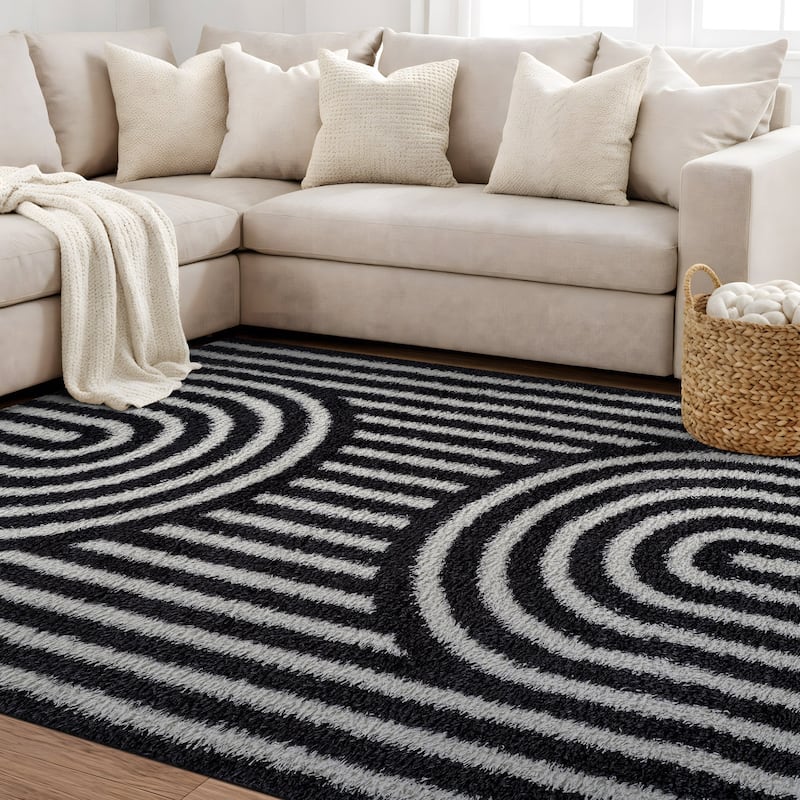 Abstract Arch Shag Rug - Medium Pile, Durable & Easy to Clean - Anthracite Dark Gray