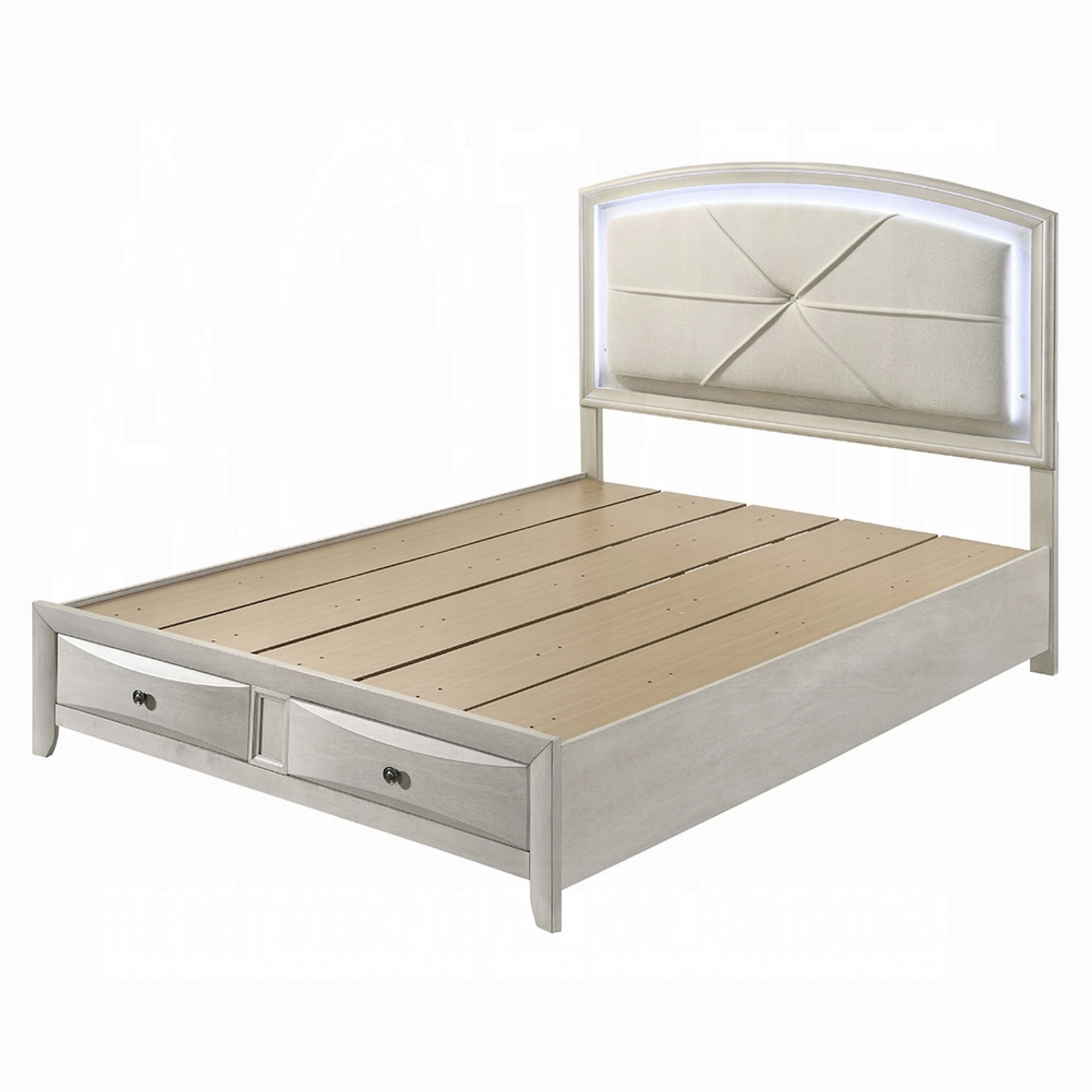 Remy Queen Size Bed with LED Headboard, 2 Bottom Drawers, Antique White