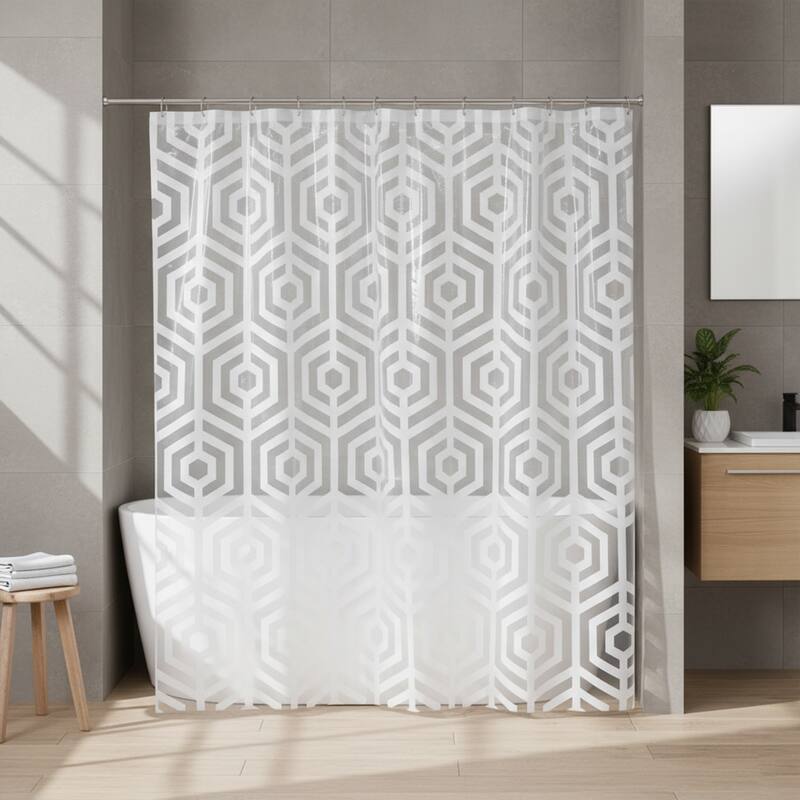 Transparent PEVA Shower Curtain - White Hexagon Design - 71x71 Inches