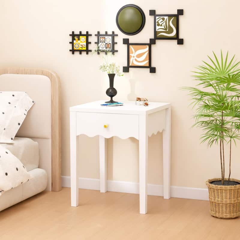 White Nightstand with Drawer, Modern Bedside Table with Wavy Apron Design, Compact End Table, Small Side Table with Storage