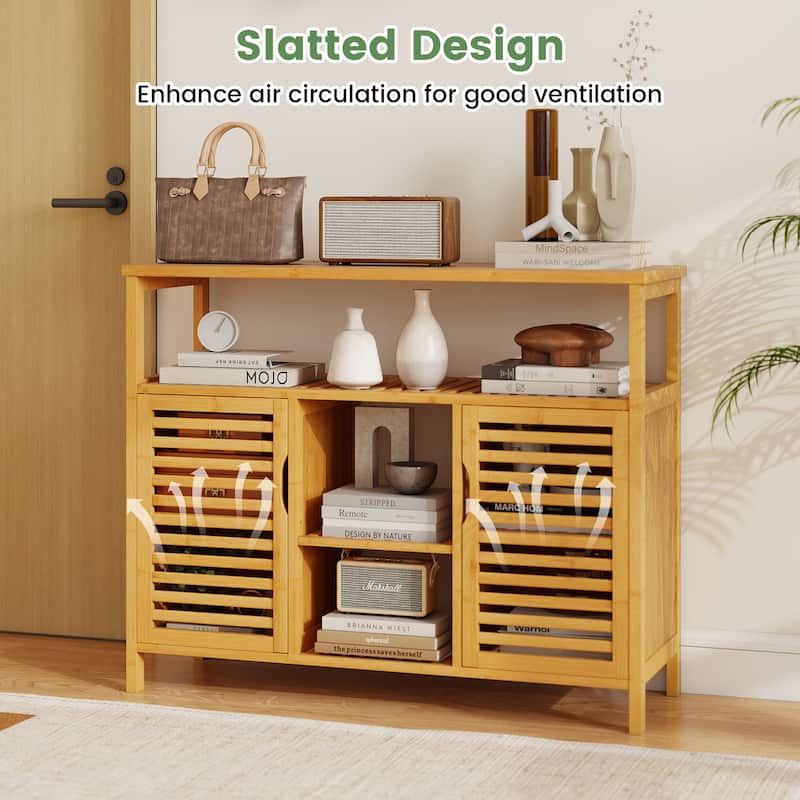 39.5" Natural Wicker Storage Cabinet with Open and Closed Shelves and Doors for Towels and Toiletries - 39.5" x 14" x 31.5"