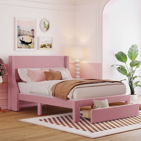 slide 2 of 11, Full Upholstered Bed with Velvet Headboard and Storage Drawer Pink