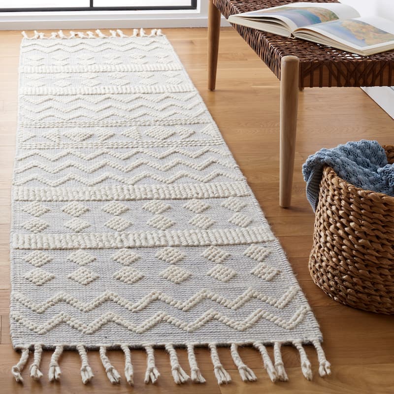 SAFAVIEH Handmade Natura Miradie Wool Braided Tassel Rug - 2'3" x 9' Runner - Ivory/Light Blue