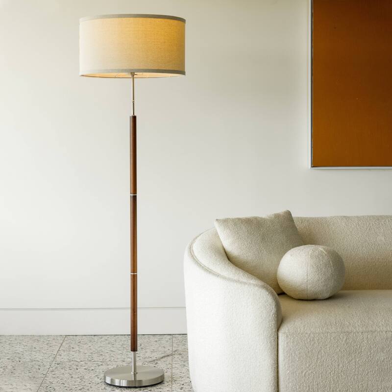 Brightech Carter 65 in. Walnut Brown Mid-Century Modern LED Super Bright Floor Lamp with Beige Fabric Drum Shade