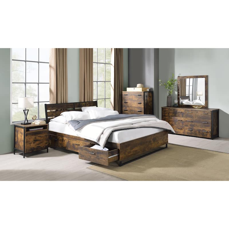 Industrial Solid Wood Platform Bed with Wooden Side Rails and Slatted Headboard