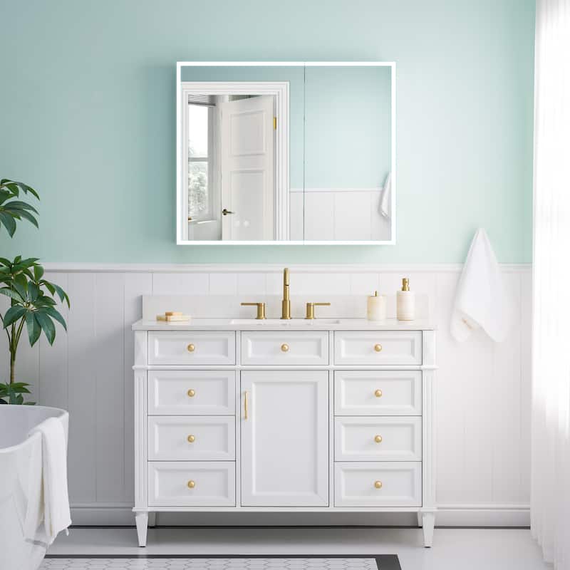30'' H Recessed or Surface Frameless LED Mirror Cabinet With Defogger, Dimmer, Outlets & USB Ports 