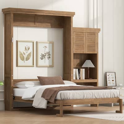 Classic Louvered Style Queen Size Murphy Bed with Storage Shelves