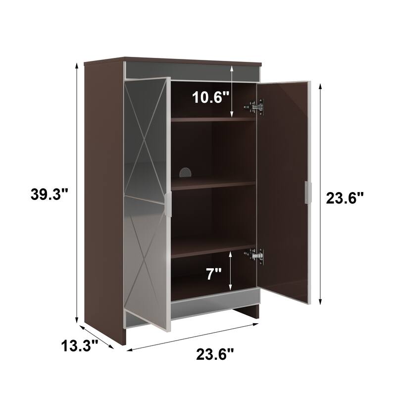 Modern Mirrored Shoe Storage Organizer Cabinet with Frosted Glass and Geometric Carvings for Elegant Storage in Small Spaces