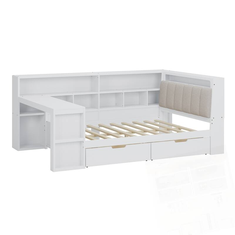 L-shaped Wooden Daybed with Desk and Storage Bookcase with Upholstered Headboard