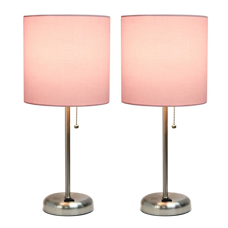 19.5 in. Brushed Steel Finish Table Lamp with Pink Shade, Desk Lamp for Writing and Computer Desks, Set of 2