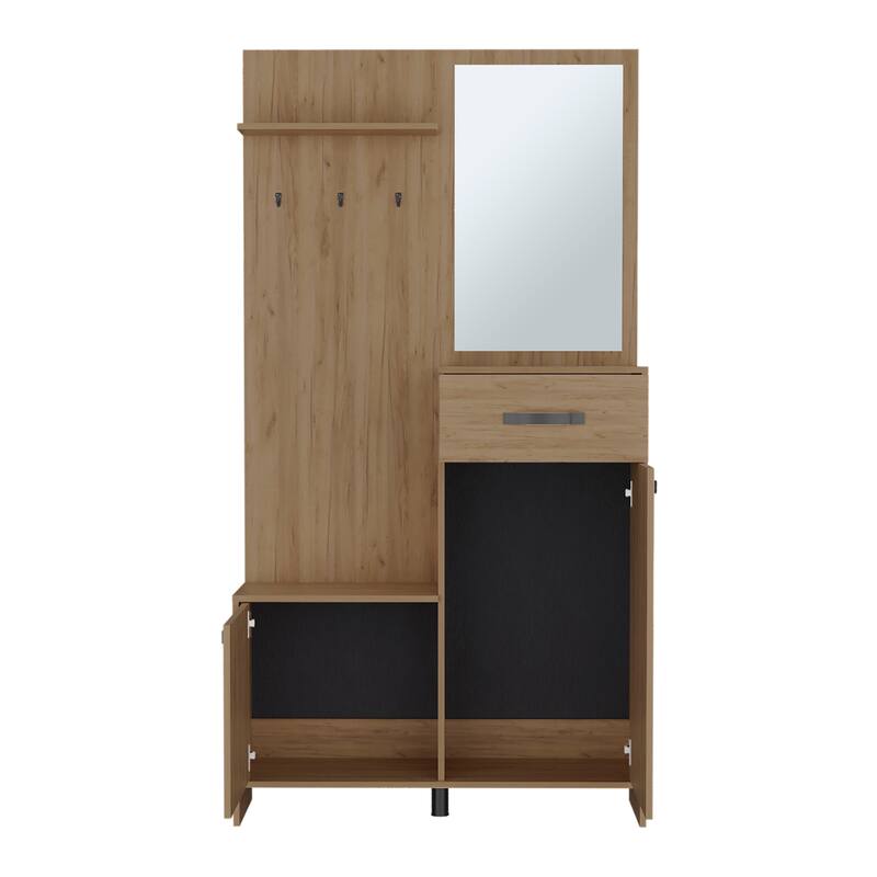 Elegant Hall Tree with 2 Doors, 1 Drawer, 1 Shelf, and Mirror - Practical Storage Solution for Entryways and Hallways