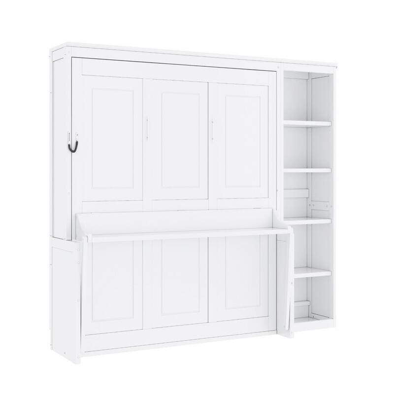 Full/Queen Size Murphy Bed with Built-in Desk, Wall Bed Folding Bed Frame with 5-Tier Side Bookshelf