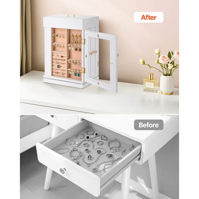White Jewelry Organizer with 360 degree Rotation and Necklace Hooks