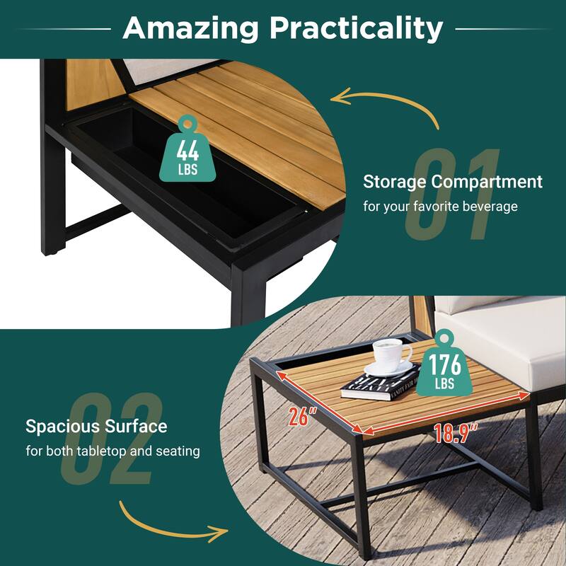 Outdoor 4-Piece Iron Sectional Sofa Set with Coffee Table & Storage Shelf