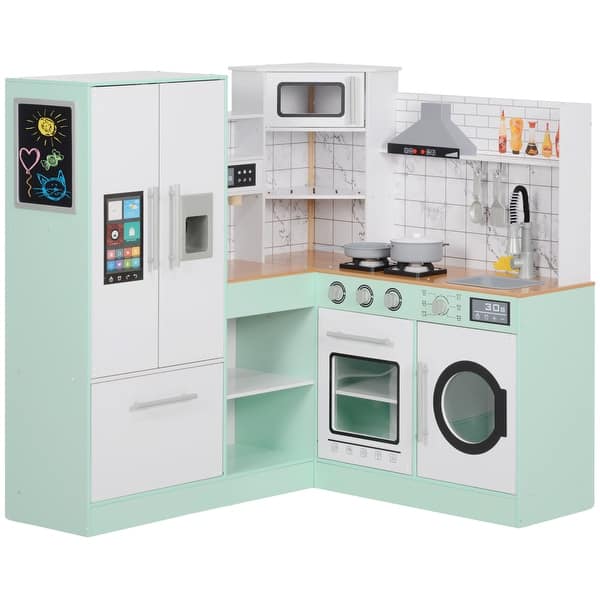 slide 2 of 9, Qaba Corner Pretend Play Kitchen, Kids Toy Kitchen Playset with Chalkboard, Range Hood, Gift for Toddlers Ages 3+ Years Old 5-7 Years