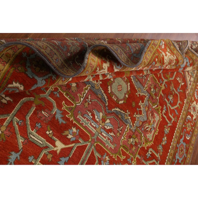 Medallion Heriz Serapi Area Rug Handmade Orange Wool Carpet - 8'11" x 11'10"