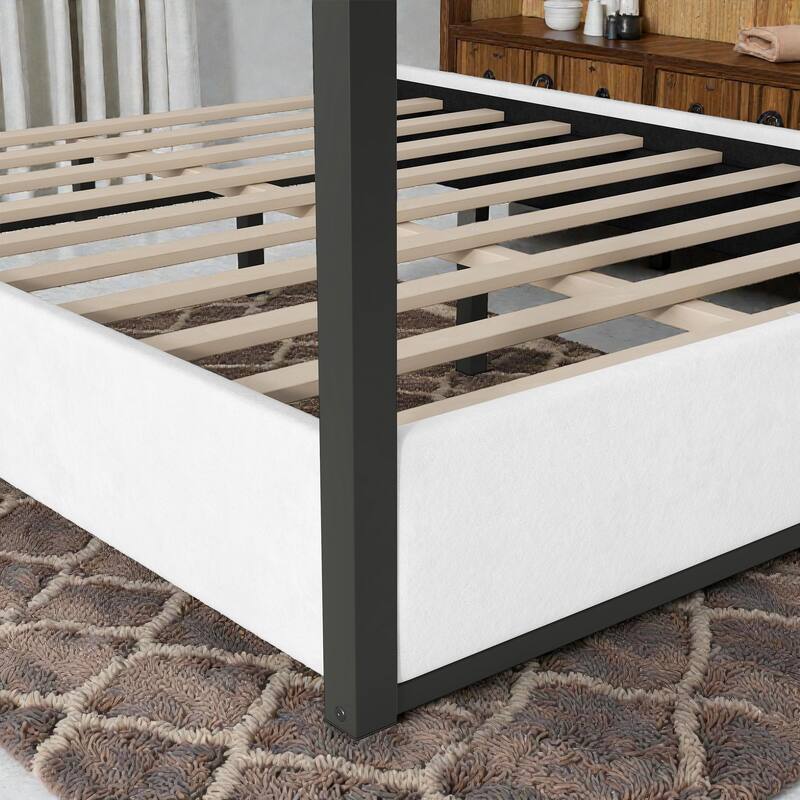 Upholstered Canopy Platform Bed with Headboard, Metal Frame Queen King Bed, No Box Spring Needed