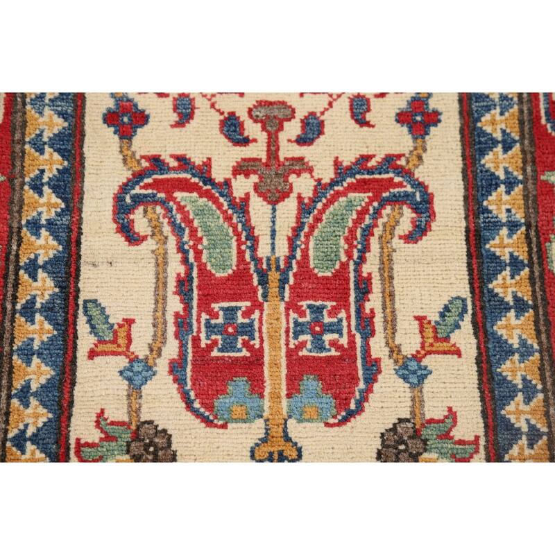 Beige Floral Kazak Oriental Runner Rug Hand-Knotted Wool Carpet - 2'9" x 10'0"