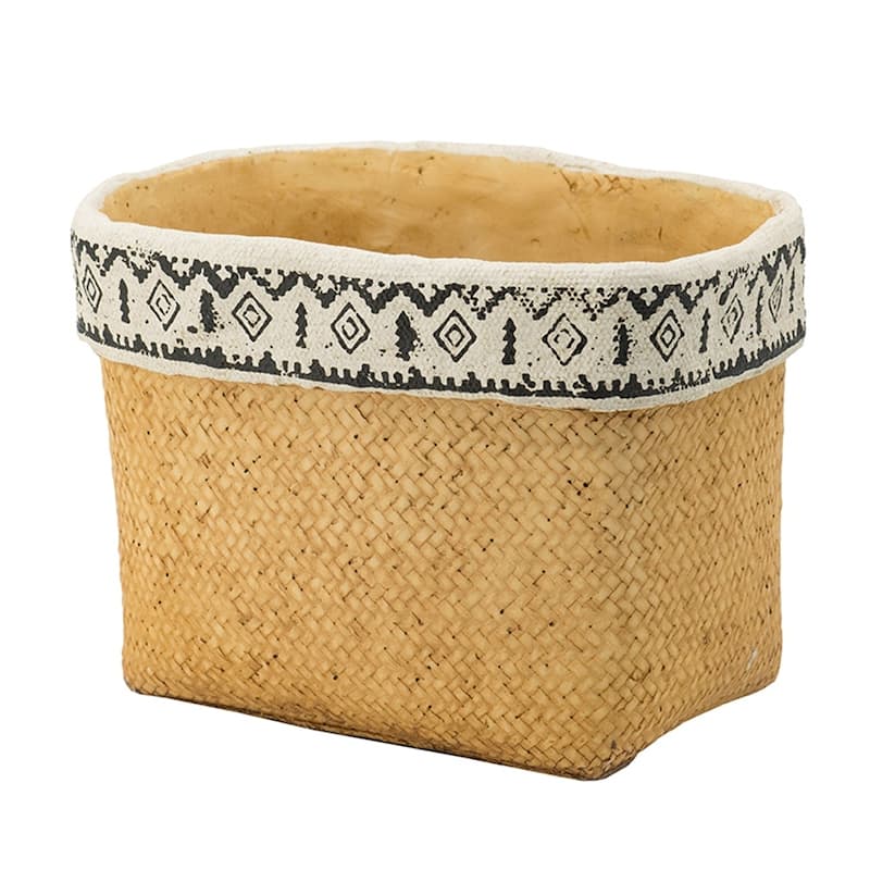 Set of 2 Rectangular Basket Planters with Geometric Trim, L:10.5x8.5x8" S:7.5x5.5x6.5"