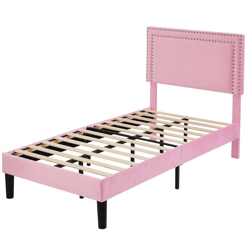 Upholstered Platform Bed Frame with Adjustable Headboard, Velvet Nailhead Trim, No Box Spring Needed