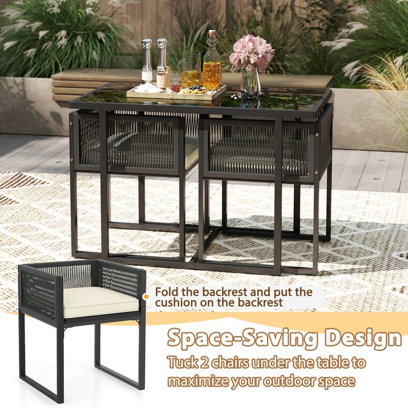 Gymax 3PCS Patio PE Wicker Furniture Set Cushioned Chairs w/Folding