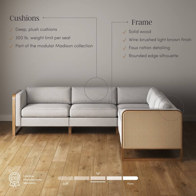 Madison Modern Upholstered Modular Sofa or Couch for Living Room with Solid Wood Legs