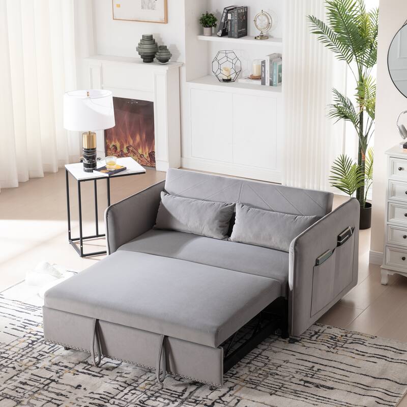 3 in 1 Convertible Sleeper Futon Sofa Bed, 55" Grey Velvet Loveseat with 2 Pillows, Reclining Backrest, Side Pockets