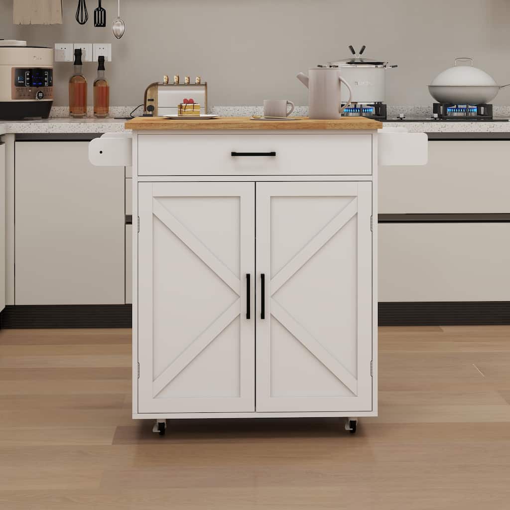 Farmhouse Kitchen Island on Wheels, 38" White Storage Trolley Cart with Rubber Tabletop, Adjustable Shelves & Towel Rack