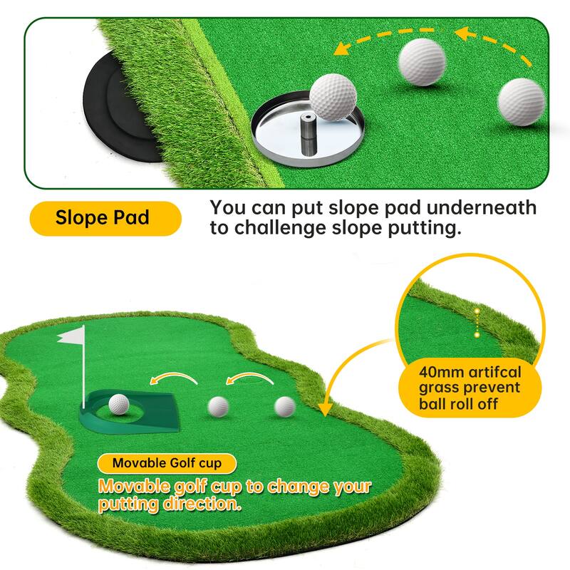 Indoor/Outdoor Putting Green Mat with Stainless Steel Challenge Cups & Slope Design for Practice