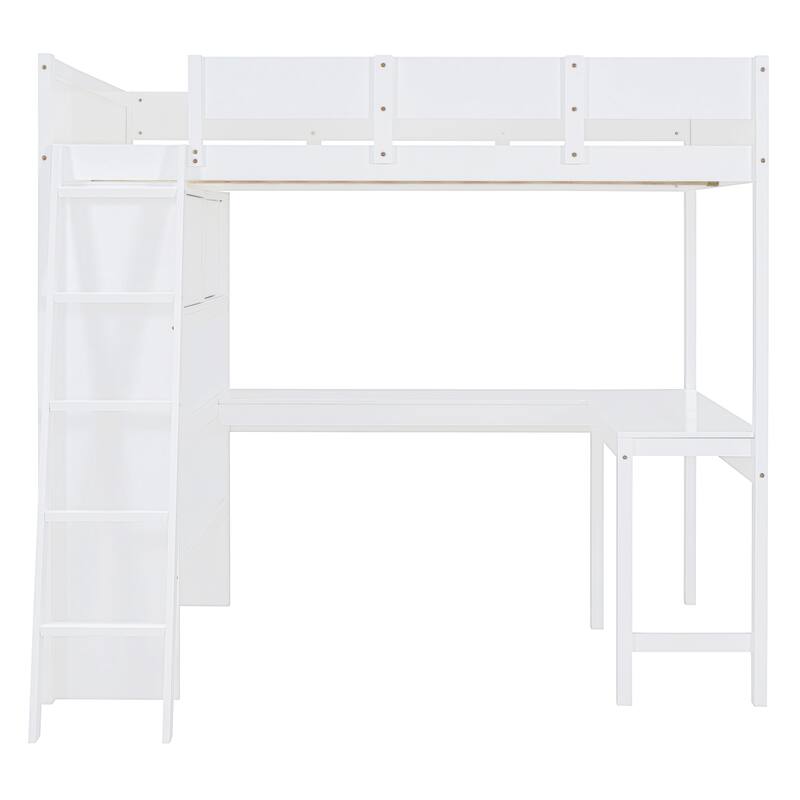 Full Size Loft Bed with Desk and Shelves in White/Gray