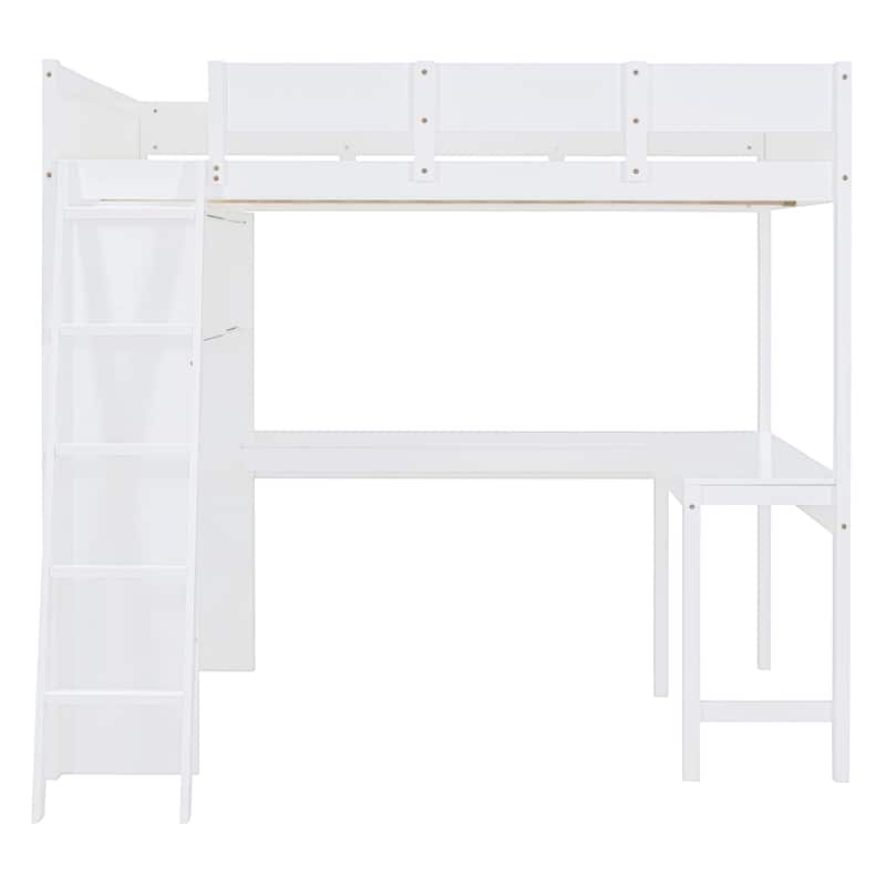 Full Size Solid Wood Loft Bed with Desk and Shelf for Kids