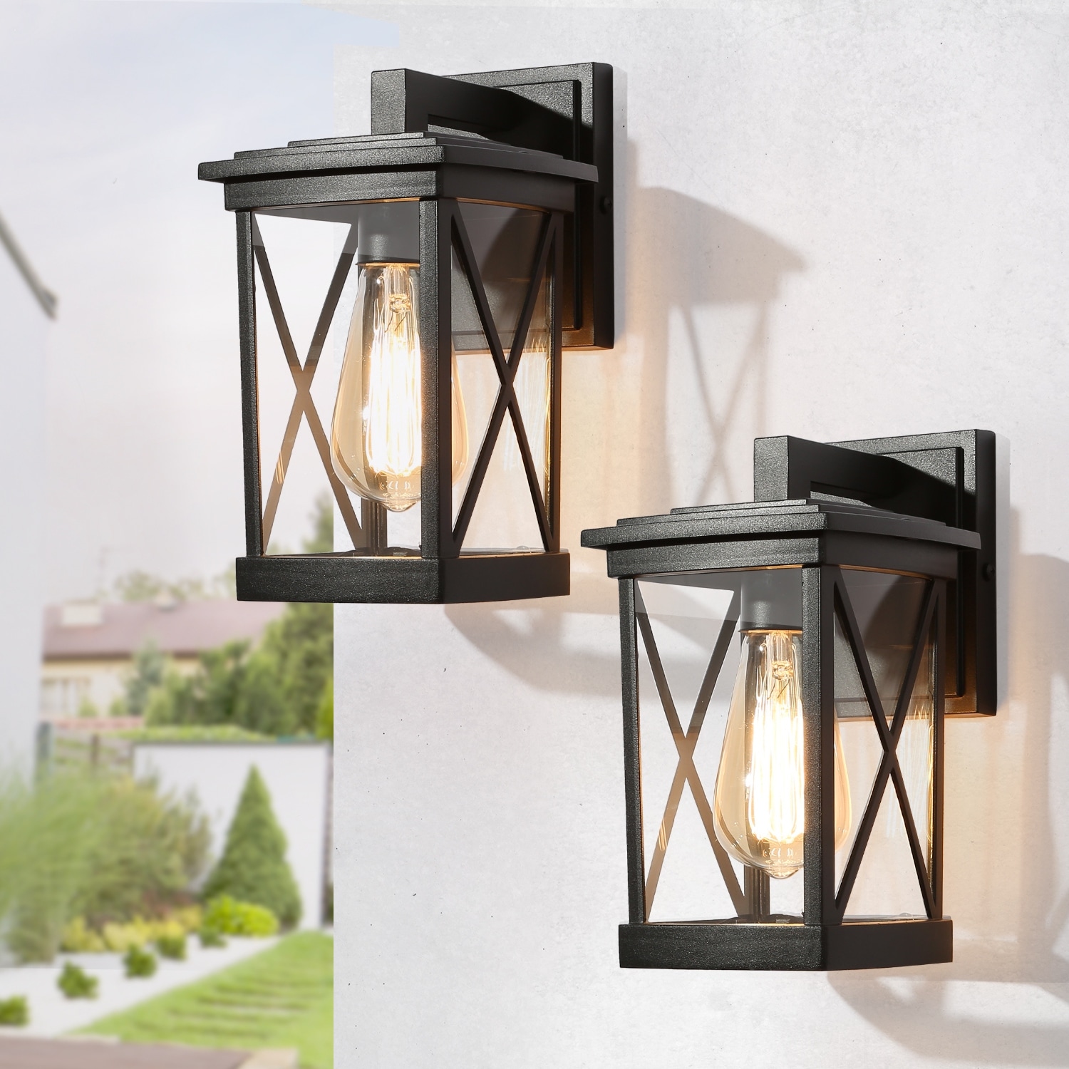 Set of 2 Modern Farmhouse Black 1-Light Outdoor Wall Sconce Glass Lantern - L6'' x W7'' x H11''