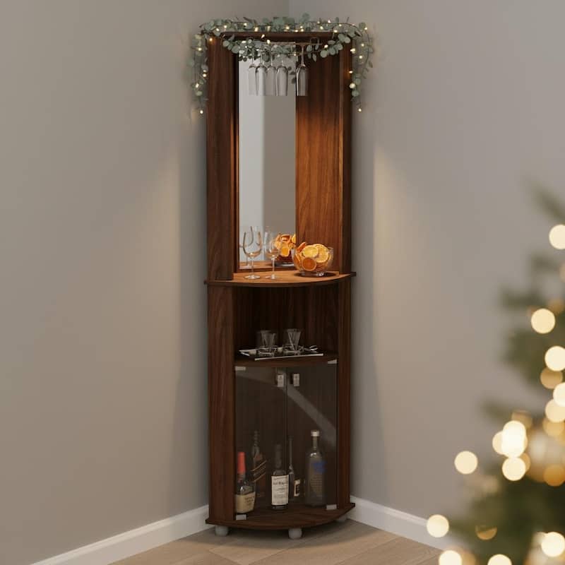 Brown Corner Bar Cabinet with Glass Rack, 2 Doors & Open Shelves