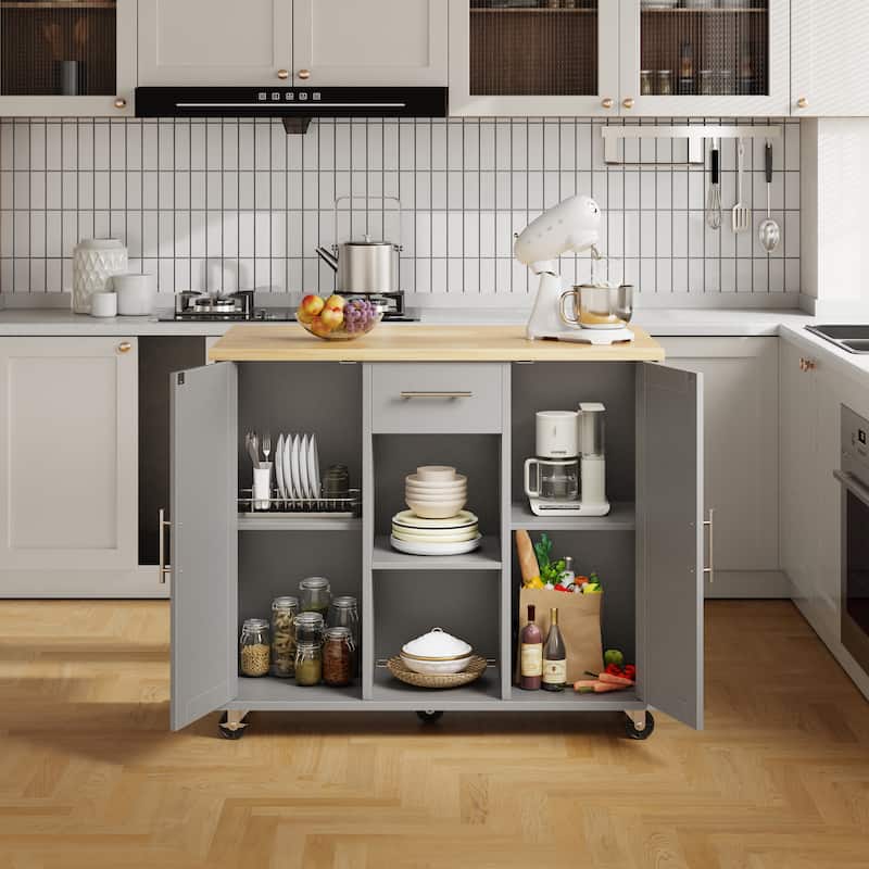2-Door Kitchen Island with Drawer & Drop Leaf - Mobile Storage Cart on Lockable Wheels for Kitchen, Dining Room, Bar