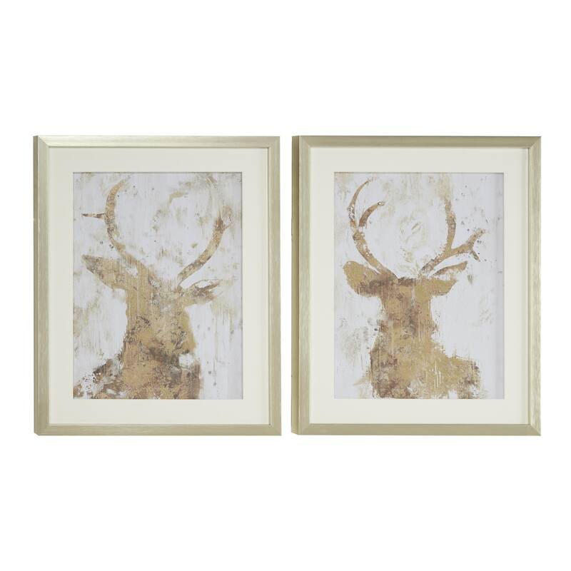 White Polystone Deer Home Wall Decor with Silver Frame (Set of 2)