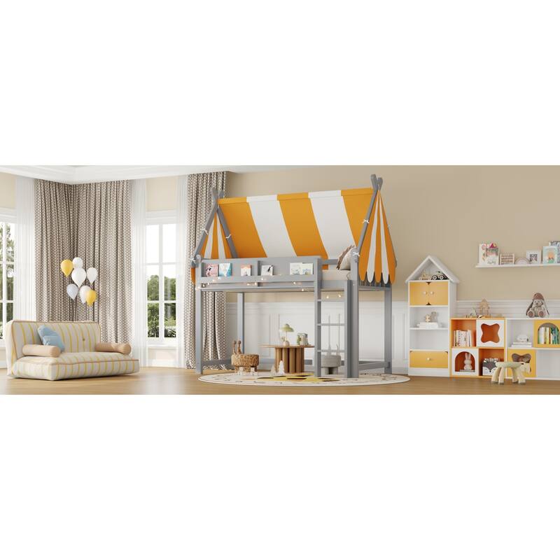 Roomfitters Twin/Full Size Loft Bed with Canopy, LED Lights and Book Shelf