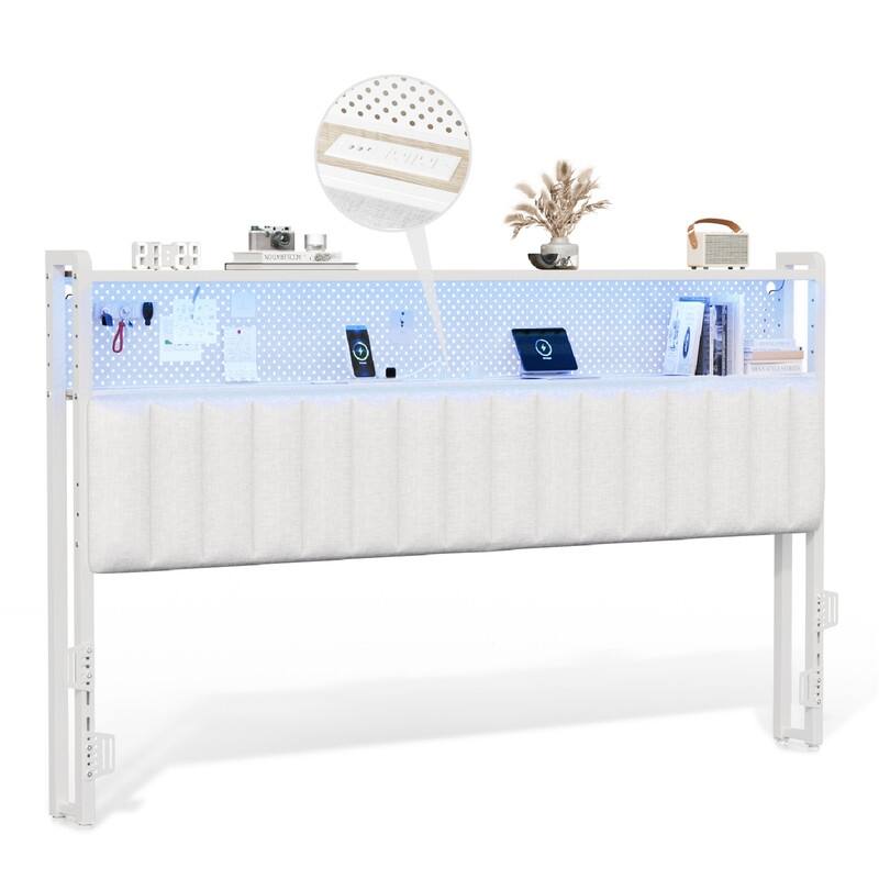 Adjustable Upholstered Headboard with 2 Tier Shelves with Charging Stations and LED Lights, Modern Bed Headboard with Storage - Linen and off white - King