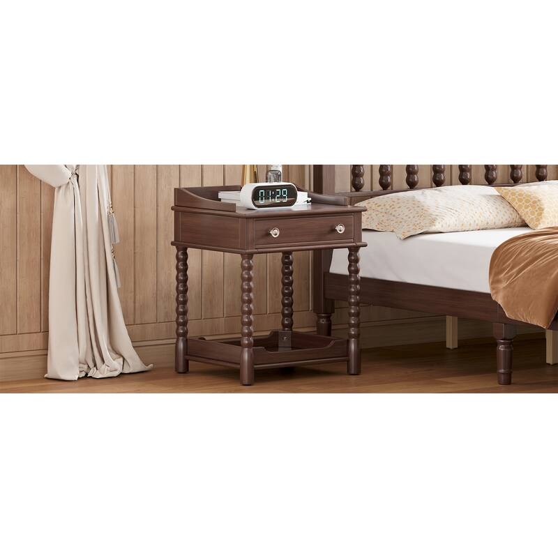 Retro Style Nightstand with Drawer & Open Shelf - Turned Legs Bedside Table with Metal Handle (Walnut)