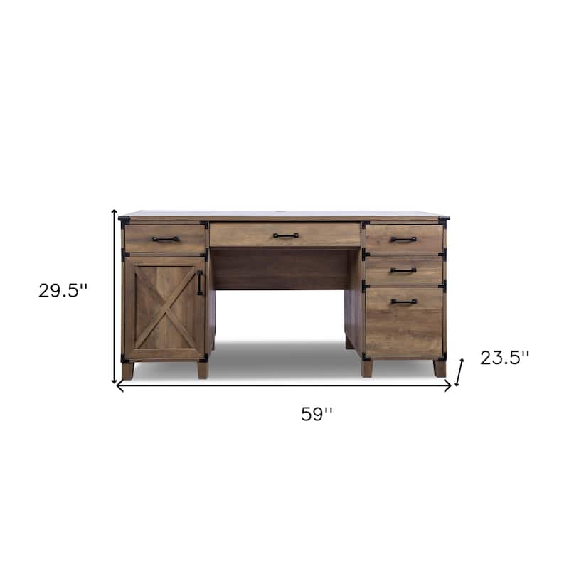 HomeRoots 59" Natural Wood Executive Desk With Five Drawers