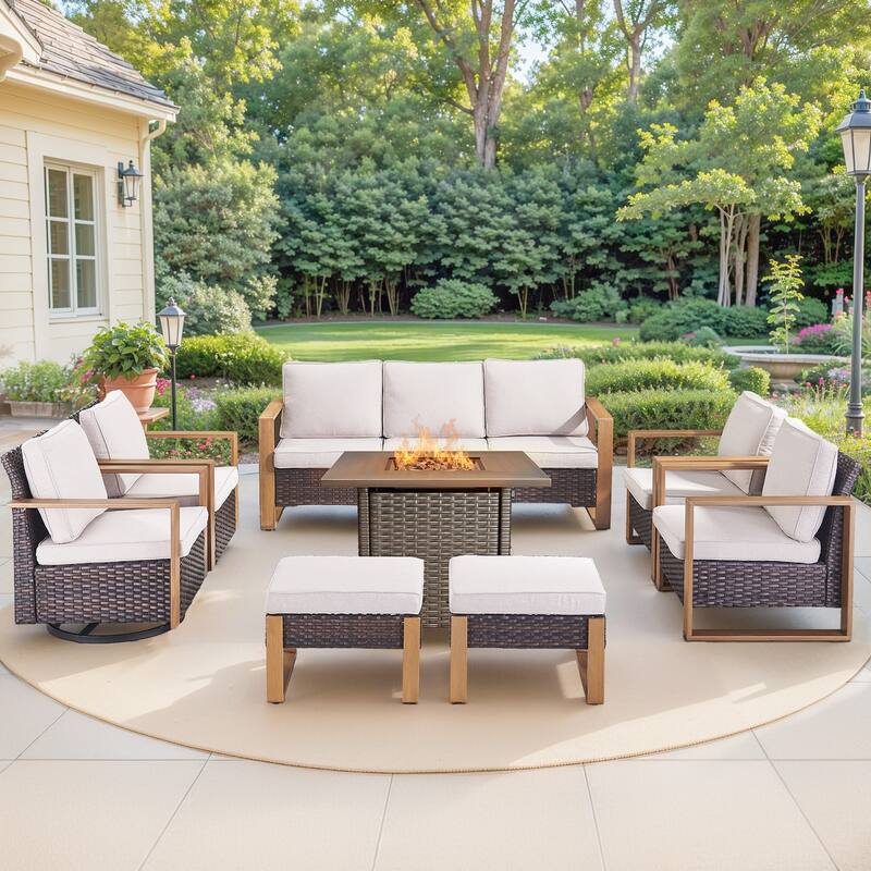 Pocassy 4/6/8PCS Sofa Swivel Chair with Fire Pit Table Set - Brown Wicker Beige Cushion - 8-Piece Sofa Chair with Fire Table