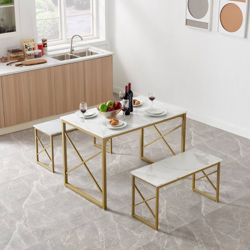 Javlergo 3-Piece Dining Table Set, 43"/55" Modern Wood Table Top Dining Table Set with Bench