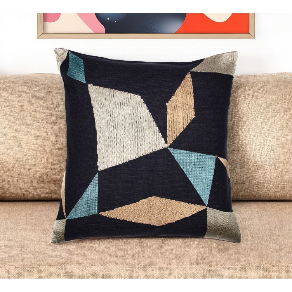 HomeRoots 24" Blue and Beige Geometric Cotton Blend Throw Pillow With Embroidery